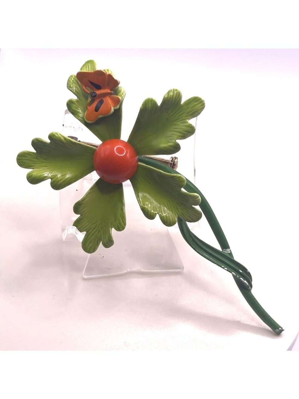 Vtg 60S Retro Green Enamel Flower Brooch W/Orange Butterfly Pop Art Accent Whims